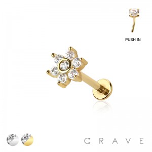 MULTI CZ FLOWER TOP THREADLESS (PUSH IN) 316L SURGICAL STEEL LABRET SET